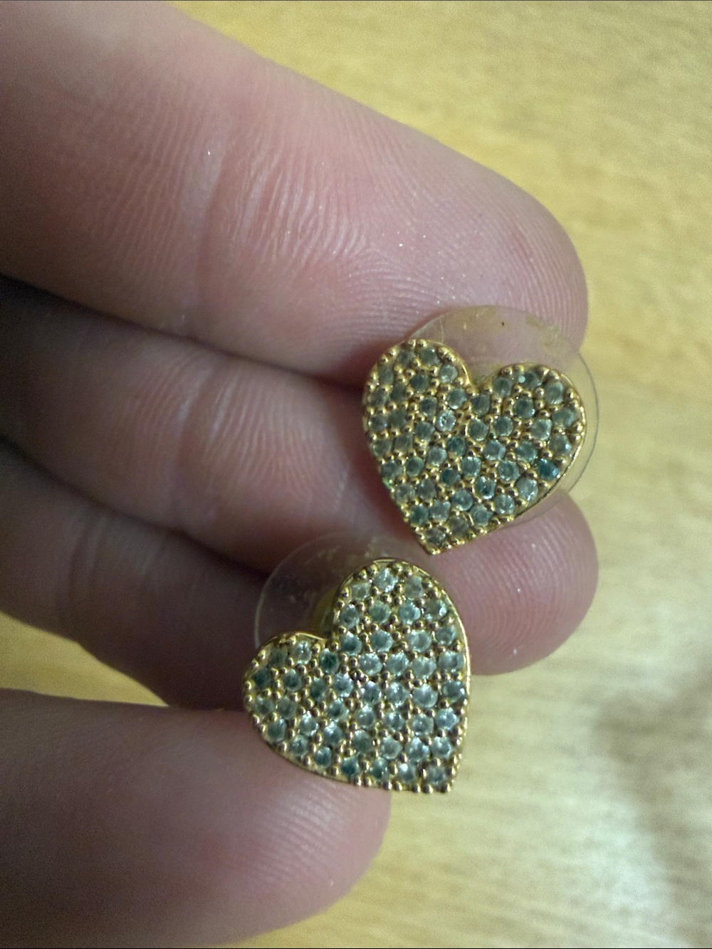 Gold tone dainty heart rhinestone stud earrings cute love - Picture 2 of 4